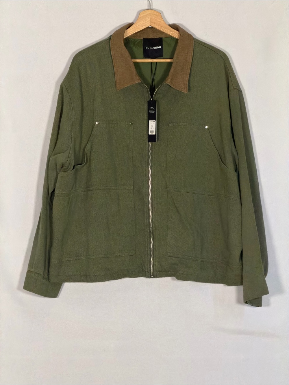 Fashion Nova Leila Barn Jacket Womens 1X Olive Green Cotton Zip Chore Coat NWT